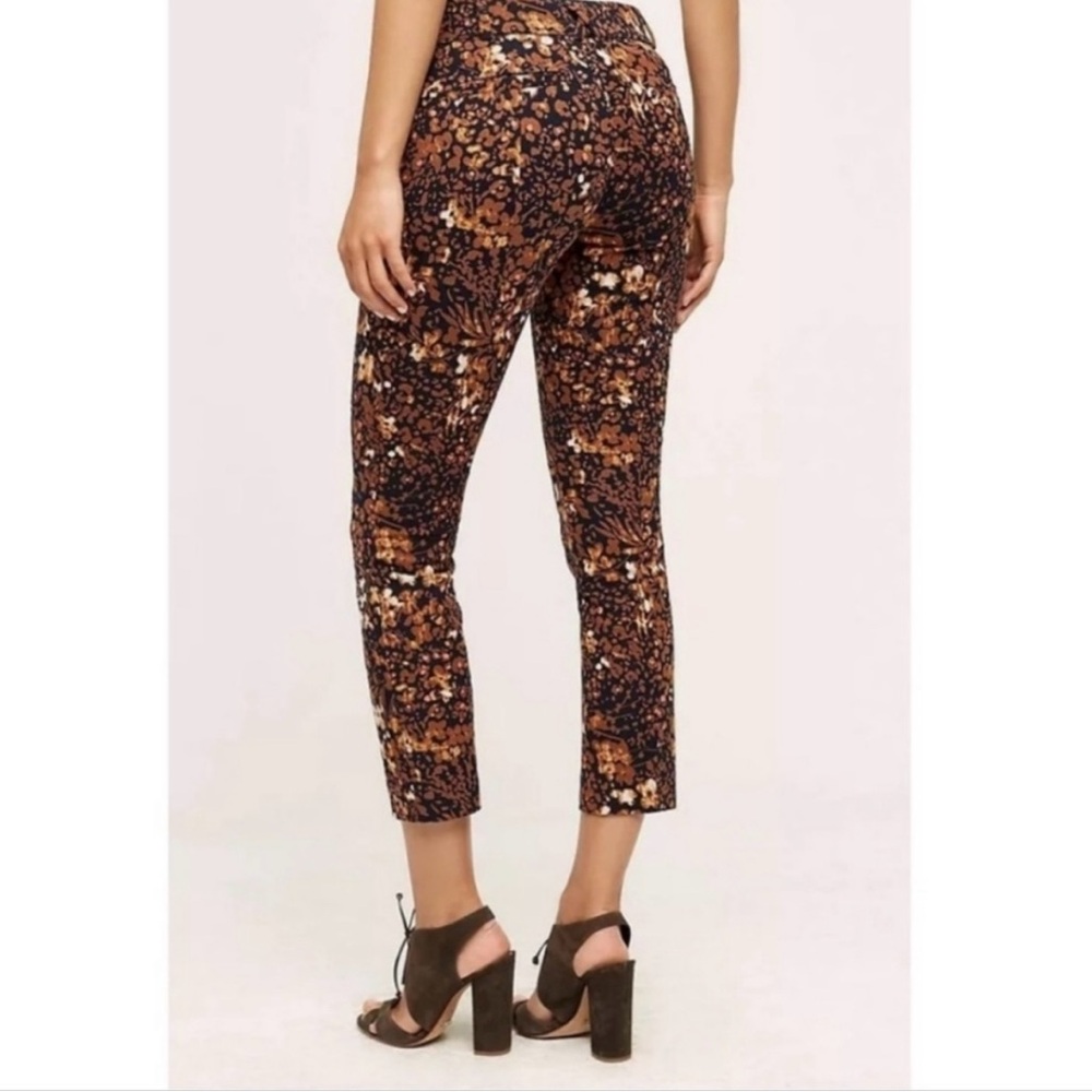 Anthropologie the essential Slim Floral Ankle Skinny Capri Pants w/ Leather Trim